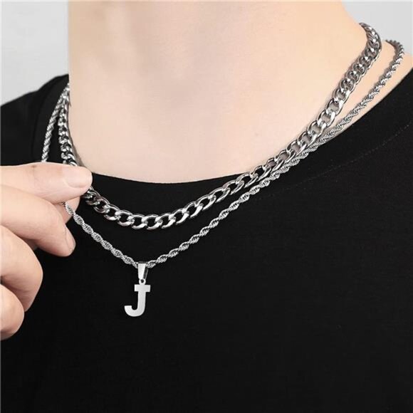 Layered Initial A-Z Letter Necklace for Men Stainless Steel Figaro Twist - Picture 4 of 6